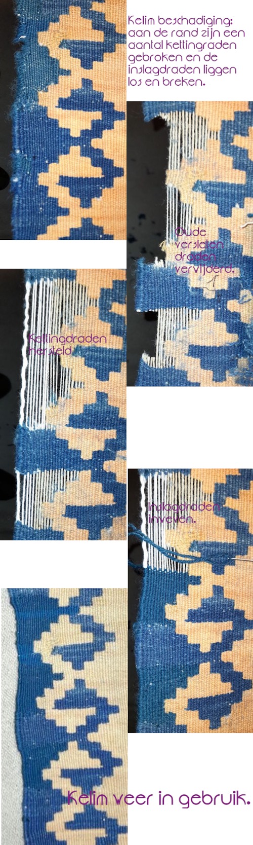 Kelim met gebroken kettingdraden en inslagdraden